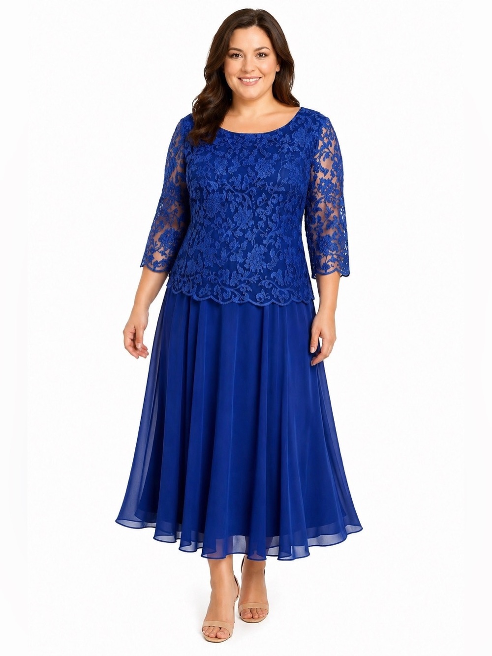 Alex Evenings Blue Lace Chiffon Midi Dress 18W Plus Formal Wedding Embroidered